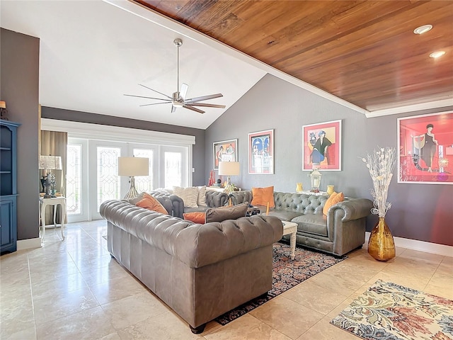 tiled living room with ceiling fan, high vaulted ceiling, and wooden ceiling