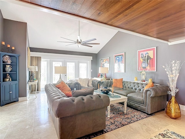 tiled living room with ornamental molding, ceiling fan, wood ceiling, and lofted ceiling