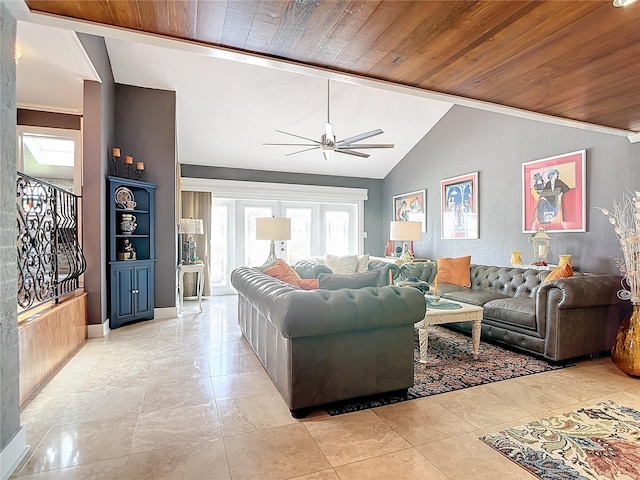 tiled living room with ceiling fan, wood ceiling, and vaulted ceiling