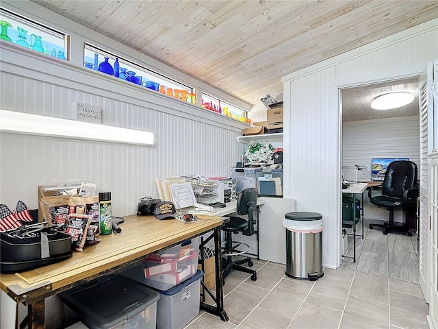 office featuring light tile patterned floors and wood ceiling