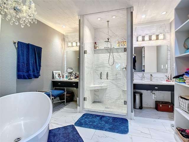bathroom featuring separate shower and tub, sink, and wood ceiling