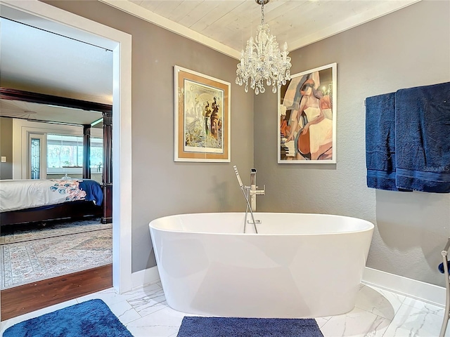 bathroom featuring a tub, an inviting chandelier, and wood ceiling