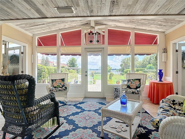 sunroom / solarium featuring ceiling fan and wooden ceiling