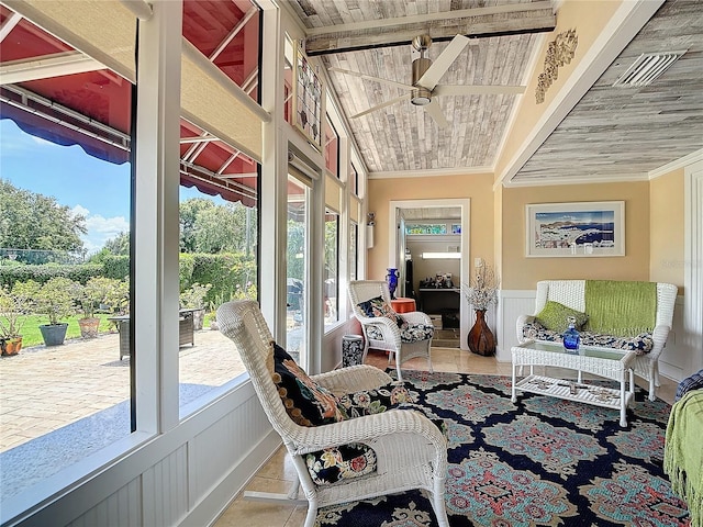 sunroom / solarium with ceiling fan, lofted ceiling with beams, and wooden ceiling