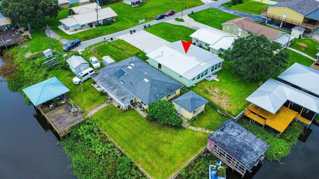 drone / aerial view featuring a water view