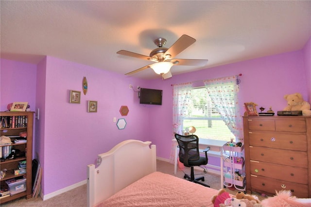 bedroom with light carpet and ceiling fan