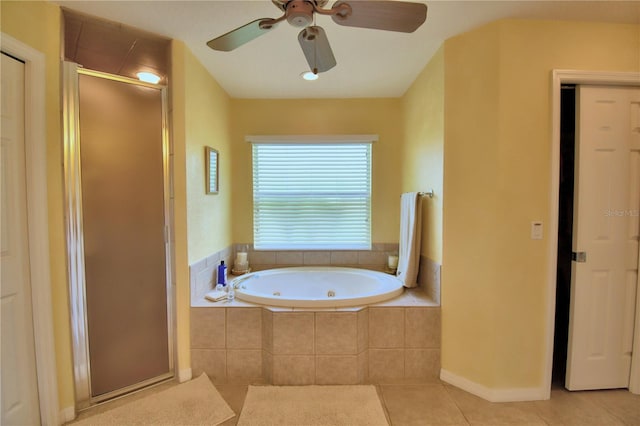 bathroom featuring tile patterned floors, ceiling fan, and independent shower and bath