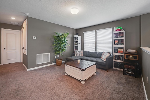 carpeted living room with a textured ceiling