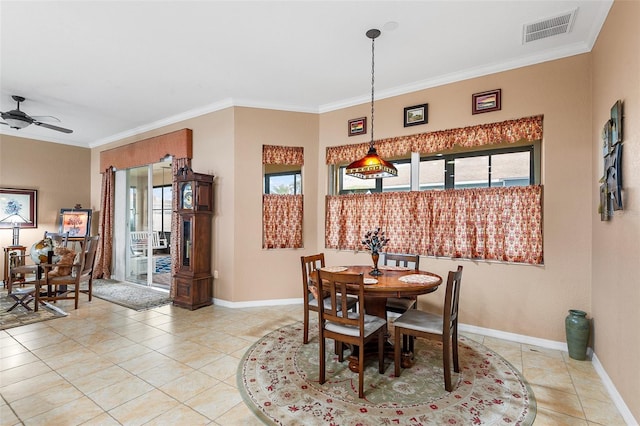 4496 Strathmore Dr, Lake Wales, FL 33859 - dining room with a ceiling fan, baseboards, light tile patterned flooring, and ornamental molding