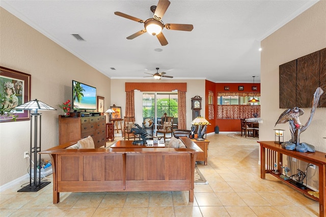 4496 Strathmore Dr, Lake Wales, FL 33859 - living room with ceiling fan, ornamental molding, light tile patterned floors, and baseboards