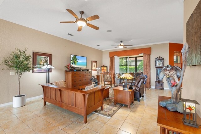 4496 Strathmore Dr, Lake Wales, FL 33859 - home office featuring a ceiling fan, light tile patterned floors, ornamental molding, and baseboards