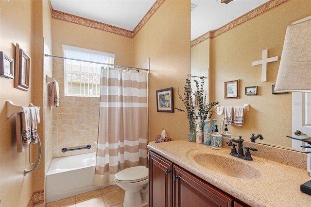 full bathroom with vanity, toilet, tile patterned floors, and shower / bath combo with shower curtain