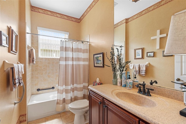 4496 Strathmore Dr, Lake Wales, FL 33859 - full bathroom with tile patterned flooring, toilet, vanity, and shower / bathtub combination with curtain