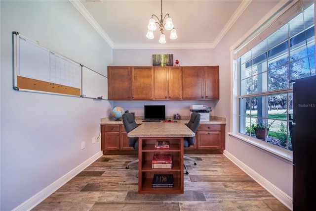 home office with baseboards, ornamental molding, a chandelier, and dark wood-style flooring