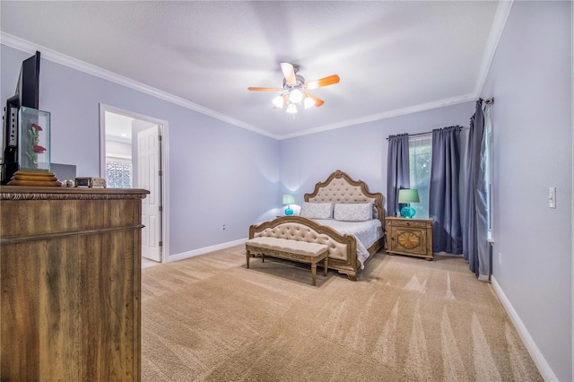 carpeted bedroom with ornamental molding, multiple windows, and ceiling fan