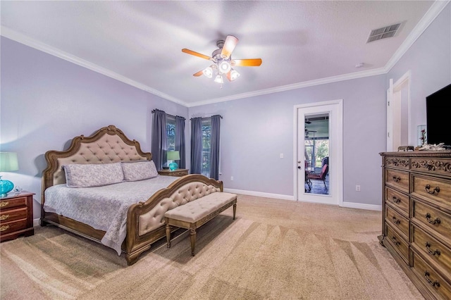 carpeted bedroom featuring access to outside, ornamental molding, and ceiling fan