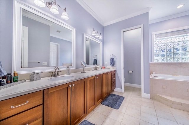 bathroom with tiled tub, ornamental molding, tile patterned floors, and dual bowl vanity