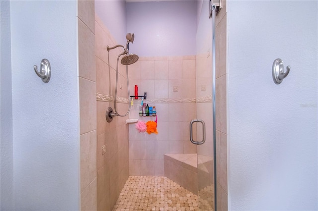 bathroom featuring a shower with door