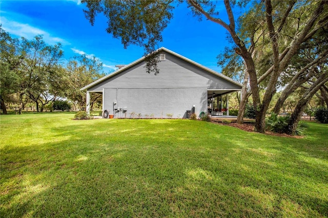 view of side of property featuring a lawn and stucco siding