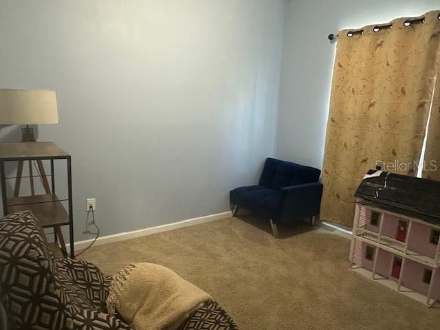 sitting room with baseboards and carpet flooring