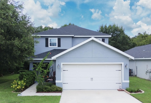 view of front of property featuring central AC and a front lawn