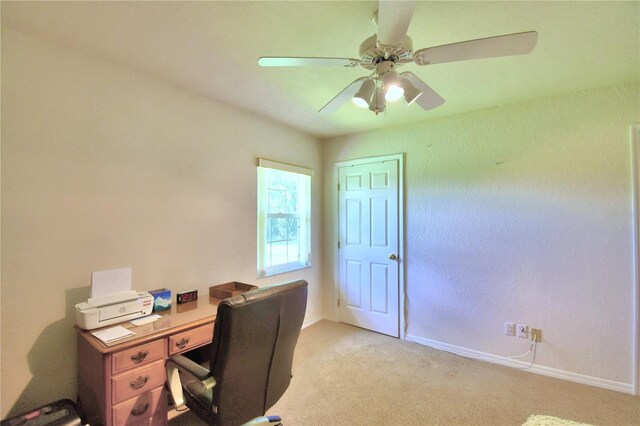 carpeted home office with ceiling fan