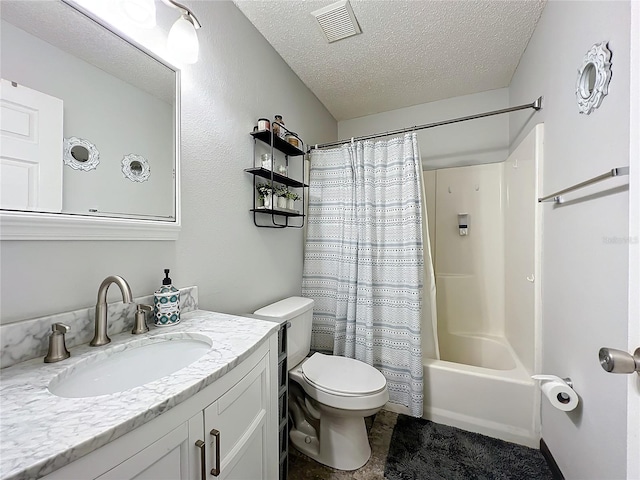 full bathroom with shower / bath combination with curtain, toilet, a textured ceiling, and vanity