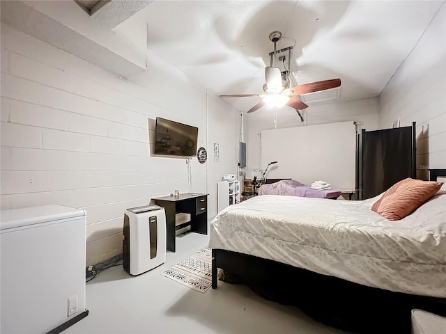 bedroom featuring concrete flooring and ceiling fan