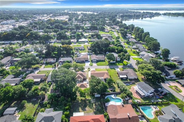 drone / aerial view with a water view