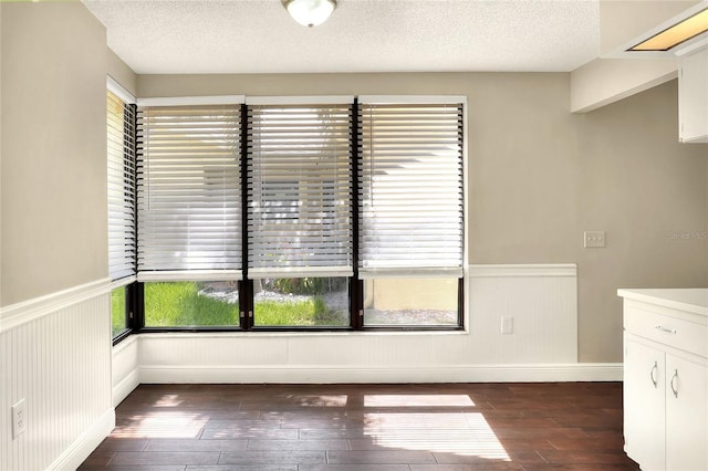 unfurnished dining area featuring dark wood-style floors, a textured ceiling, and wainscoting