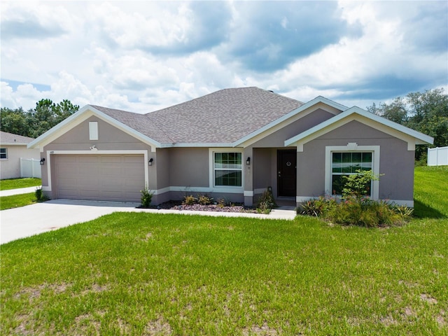 single story home featuring a front yard and a garage