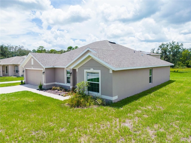 ranch-style house with a front lawn and a garage