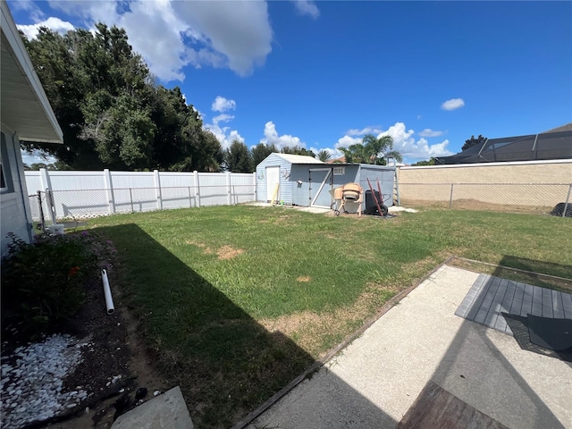 view of yard featuring a patio and a storage unit