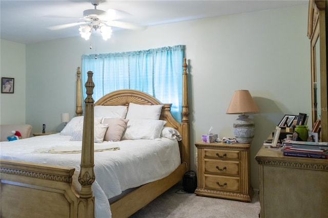 bedroom with light carpet and ceiling fan