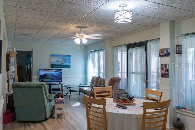 dining space featuring a paneled ceiling, ceiling fan, and light wood-type flooring