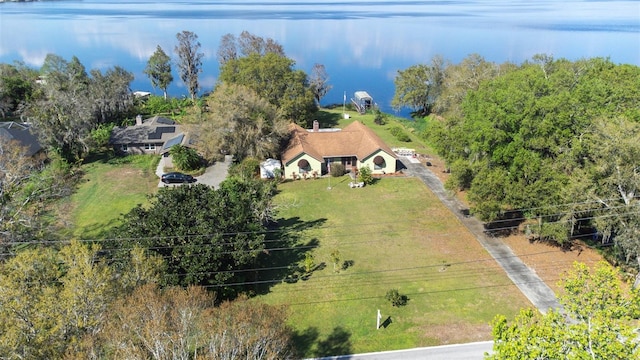 drone / aerial view with a water view