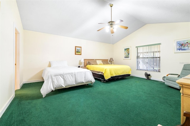 bedroom featuring carpet floors, lofted ceiling, ceiling fan, and baseboards