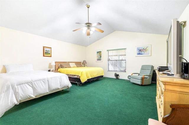 bedroom with carpet floors, baseboards, a ceiling fan, and lofted ceiling