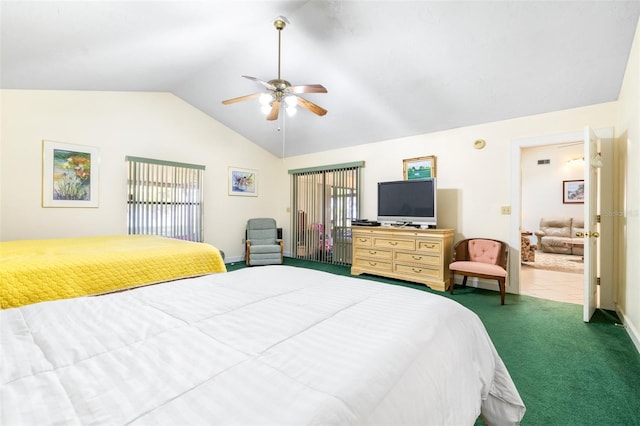 carpeted bedroom with access to outside, vaulted ceiling, and ceiling fan