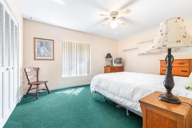 carpeted bedroom with a ceiling fan, a closet, multiple windows, and baseboards