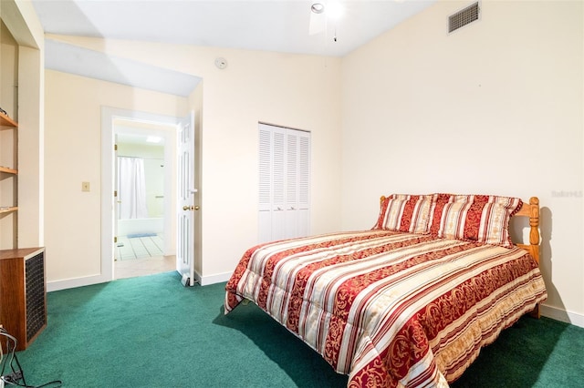 bedroom featuring carpet floors, baseboards, visible vents, and a closet