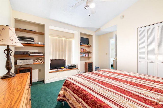 carpeted bedroom featuring lofted ceiling, ceiling fan, baseboards, and a closet