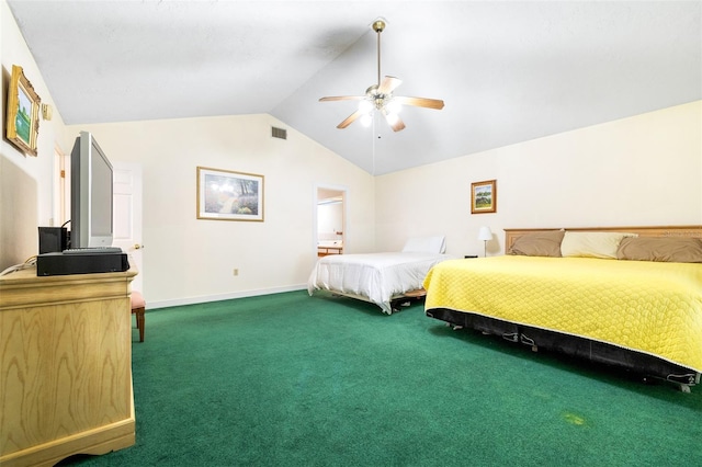 carpeted bedroom with a ceiling fan, lofted ceiling, visible vents, and baseboards