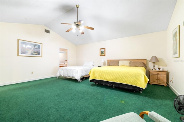 carpeted bedroom with a ceiling fan, lofted ceiling, visible vents, and baseboards