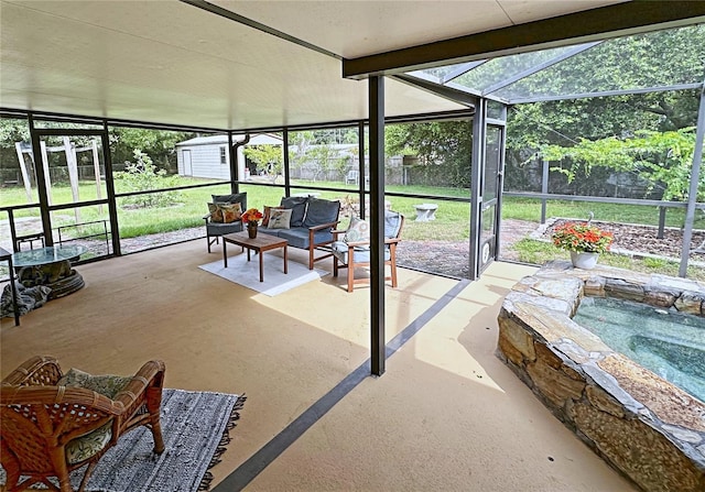 sunroom / solarium with beamed ceiling