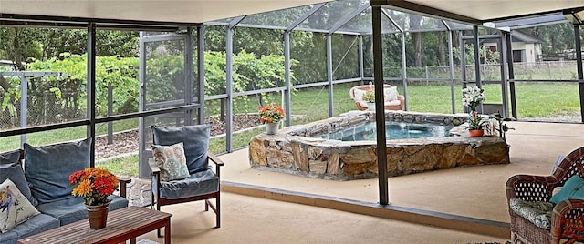 sunroom with a hot tub