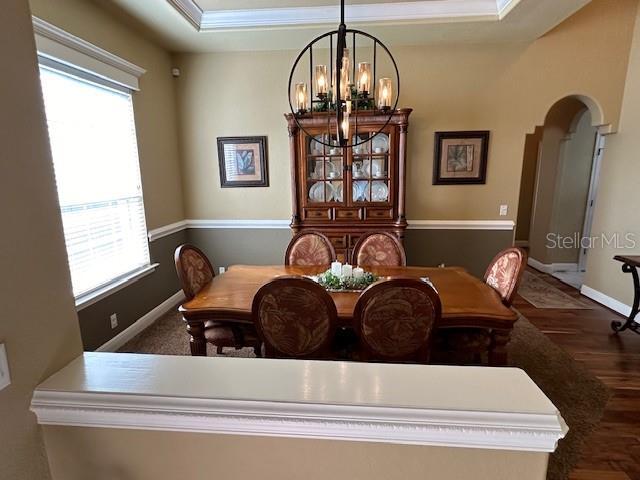 dining space featuring a raised ceiling, a wealth of natural light, dark hardwood / wood-style flooring, and an inviting chandelier