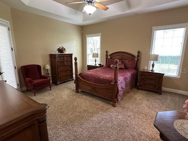 bedroom with ceiling fan, a raised ceiling, and light colored carpet