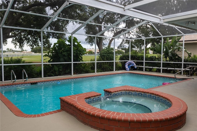 view of swimming pool featuring an in ground hot tub and glass enclosure