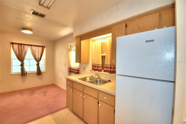 kitchen with sink, white fridge, and light colored carpet